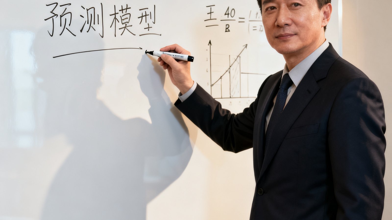 王涛，男性，40岁，穿西装，在白板前写预测模型